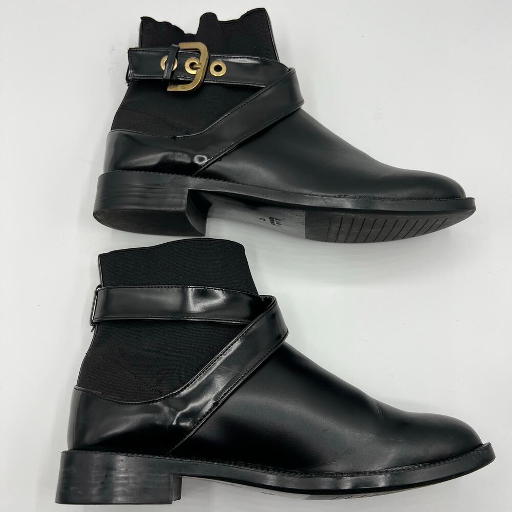 Zara Trafaluc Black Criss Cross Strap Gold Buckle Moto Ankle Boots | Women's 6.5 - Picture 5 of 11